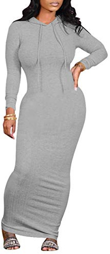Women's Maxi Dress Sexy Bodycon Long Sleeve Pullover Hoodie Casual Slim Sweatshirt