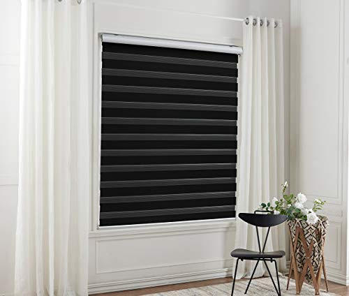 Taiyuhomes Day and Night Zebra Roller Blind Gradient Double Fabric Translucent or Blackout Vision Curtains for Window and Door with Aluminium Cassette (Pure black, Width 105cm X Height 150cm)