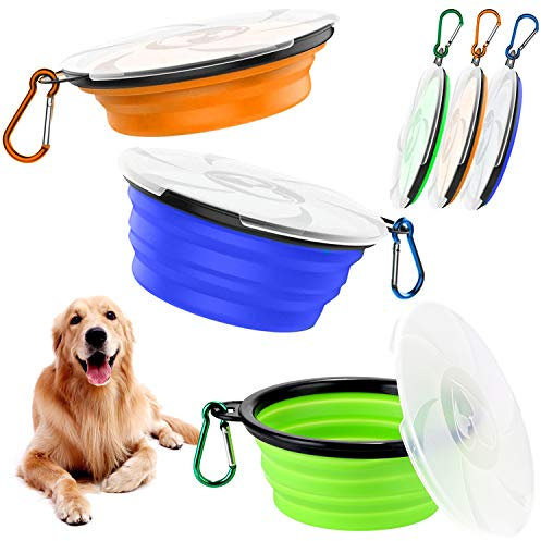 Qianyou 3 Stück Faltbare Hundenapf mit Deckel, Silikon Haustier Klappbarer Reisenapf, Tragbare Hundenäpfe Auslaufsichere Trinkschale für Katzen, Trinknapf Hund für Unterwegs Camping Reise (1000ML)