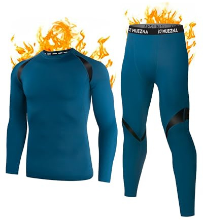 Muezna Men's Thermal Top and Bottom Set Underwear Long Johns Base Layer with Soft Fleece Lined Deep Blue