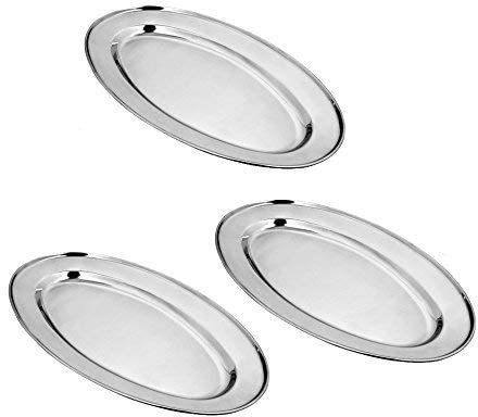 Kosma Set of 3 Stainless Steel Oval Plates - 55cm | Meat Platter | Serving Dish | Fish Steaming Plate | Carvery Plate