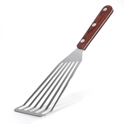 SAVORLIVING Fischspatel, Pfannenwender Edelstahl mit Schlitzen, hitzebeständiger Fischwender mit Holzgriff, Abgeschrägtes Design zum Wenden, Braten und Grillen