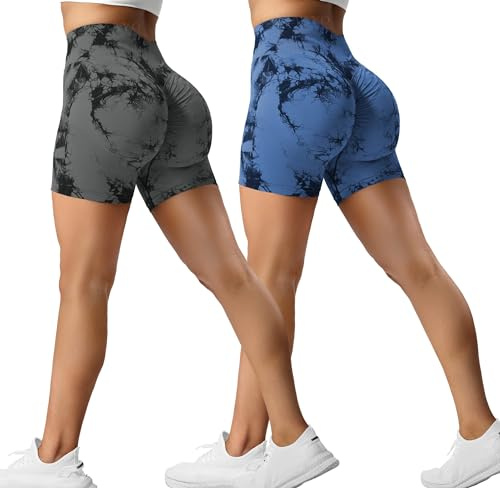 ZAAYO Confezione da 2 pantaloncini sportivi da donna Butt Scrunch, pantaloni corti sportivi da corsa a vita alta, pantaloni corti Butt Lift Booty senza cuciture per fitness Tie Dye Gym Shorts, S
