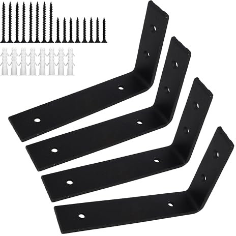 4 Pcs Black 6x4 3mm Heavy Duty Shelf Brackets Industrial Shelf Bracket L Shape Right Angle Corner Bracket for Wall Mounted Shelf 150mm -100mm