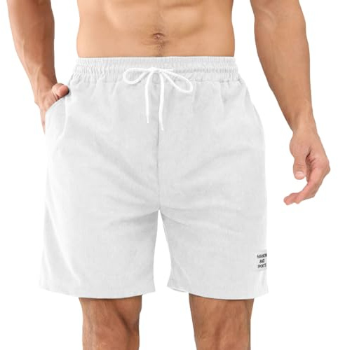 Aomig Casual Sportshorts för män, manchestershorts för män, klassiska shorts med dragsko i elastisk midja, sommar basketshorts med fickor M-Xl, Vit, XL