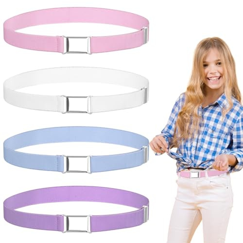 Hopton 4 Stück Kindergürtel, Elastischer Gürtel Kinder, Einstellbarer Gürtel mit Quadratische Magnetschnalle, Stretchgürtel für Jungen Mädchen Jeans Hosen Kleid(Rosa,Blau,Lila,Weiß)