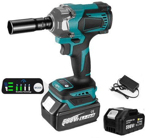 Oamger 1200N.M - Llave de impacto inalámbrica, 1/2 pulgadas, atornillador de choque, llave de impacto en 1 batería, 6700 rpm, multifunción atornillador de impacto con luz LED, 4 velocidades, para el