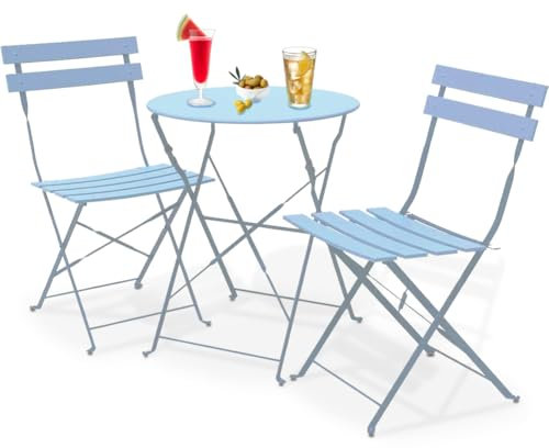 Shally Dogan Set 3 Pezzi da Giardino Pieghevole Modello Parigi, Tavolo con 2 Sedie in Acciaio, Mobili Salvaspazio per Bistrot, Balcone, Patio, Terrazza, Esterno, Bar Doppio (Azzurro)