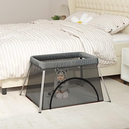 Genérico Parque Infantil para bebés con colchón Tela Lino Gris Oscuro,Parques para bebés-10302