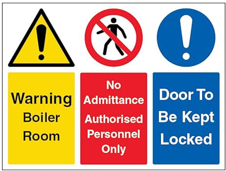 V Safety Boiler Room/Authorised Persons/Door Multi-Message - Landscape 400 x 300 mm - 1mm Rigid Plastic Safety Sign