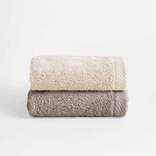 BOHEME | Juego de 2 Toallas Bicolor de Baño Grande Serenity | Natural y Nut | 2 (100x150) | 100% Algodón Peinado | 600 g/m² | Suaves, Absorbentes y de Secado Rápido | Lavables a Máquina | Uso Diario