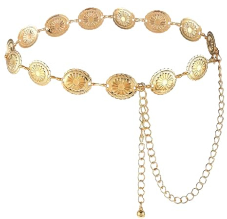 Chain Belt for Women, Western Metal Concho Belt, Adjustable Boho Waist Chain, Concho Belts for Dresses, Jeans, Cowgirl, Total length: 116cm (45.6 inches)