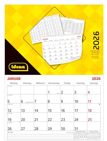 Idena 12073 - Kalender 2026 in DIN A4 Querformat (29,5 x 21 cm), Wandkalender 1 Seite = 1 Monat, Monatskalender inkl. Jahresübersicht