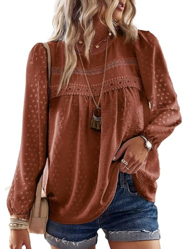 TUUHAW Top Femme Boho Col Rond Chemise Manches Longues Dentelle | Blouse Haut Chic et Élégant Chemise Automne, Tunique à Point Suisse, T-Shirts Mousseline Hauts Décontracté Loose