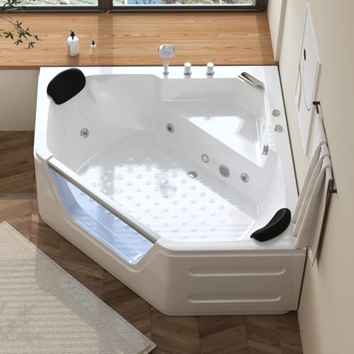 LUTHBAXE Acrylic Bath Tub with 6 Jetters | Hydromassage SPA Tub for 2 People | 59 Corner Jetted Bathtub with Waterproof Pillows | Chromatherapy Corner Tub for Bathroom