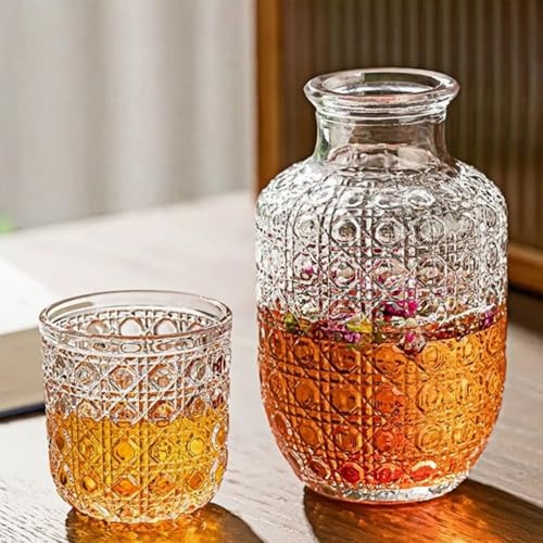 Abriclo Bedside Water Carafe Set With Tumbler, Bedside Water Carafe and Glass Set for Bedroom Nightstand 1 Pitcher 15 oz and 1 Cup 5.5 oz, Glass Mouthwash Decanter for Bathroom, Gemstone Pattern 1PACK
