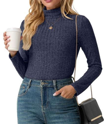 IWOLLENCE Jersey de mujer, cuello alto, manga larga, suéter delgado de otoño, suéter elegante de punto fino, suéter básico de punto liso para mujer, azul marino, XL