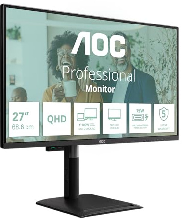 AOC Q27P4CV 27-inch WQHD USB-C 120Hz Monitor, IPS Panel, 4ms GtG, Adaptive Sync., HDR Mode, Height Adjustment, Built-in Speakers (2560 x 1440 HDMI 1x2.0 DP 1.4, USB HUB) Black