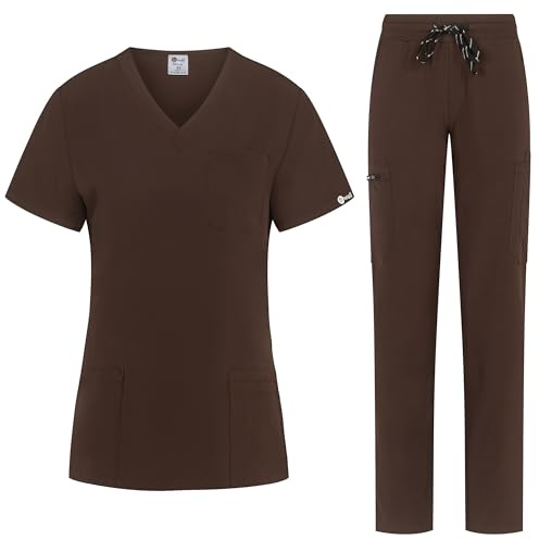 B-well Bella - Set di scarpe da donna con casacca e pantaloni per medico, uniforme, con pantaloni, abbigliamento medico e professionale, con elastan, marrone, L
