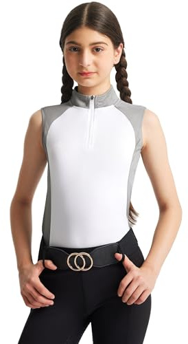 FitsT4 Sports Girls Sleeveless Equestrian Shirt Half Zip Athletic Tops for Horse Riding Running Golf Tennis Horseback Show White M