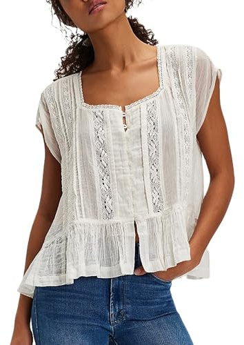 ensswliz Women Summer Lace Trim Tank Top Beach Vacation Tie Front Button Down Tank Vest Loose Elegant T-Shirt Going Out Tops (E-White, L)