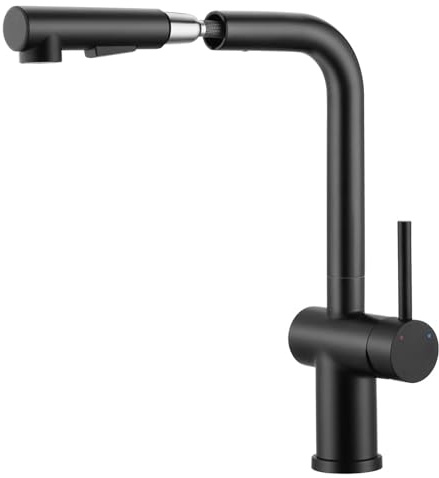 BONADE Grifo de cocina de baja presión, giratorio 360°, con 3 conexiones para caldera, grifo de cocina, ducha extensible con 2 tipos de chorro, acero inoxidable, color negro