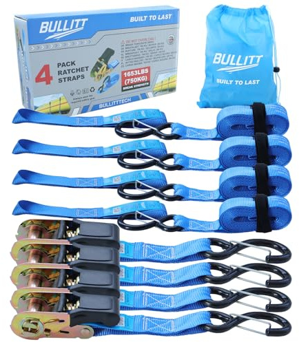 BULLITT 4Pk Ratchet Tie Down Straps Set with 750KG Break Strength,4x 25MM*4.57M Adjustable Ratchet Straps with S Hooks Iron Handles+4x 26.4CM Soft loops for Motorcycles/Cargo/Car Roof/Household-Blue
