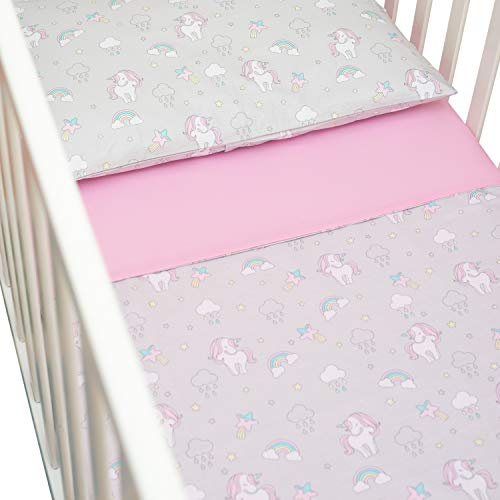 CangooCare© Set Lenzuola 3 Pezzi Per Lettino Neonato, 60x120 cm, 1 Lenzuolo Di Sotto Con Angoli, 1 Lenzuolo Di Sopra Copripiumino/Sacco, 1 Federa Cuscino, 100% Cotone, Unicorni