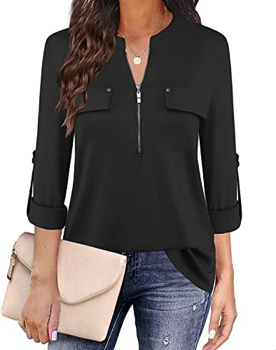 Siddhe Chemisier à col en V pour femme - Manches 3/4 - Tunique - Fermeture éclair - T-shirt à manches longues - Tunique, Noir manches 3/4, L