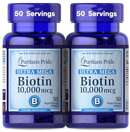 Puritan's Pride Premium Ultra Mega Biotin 10,000mcg, Dietary Supplement for Healthy Hair, Skin, Nails, and Energy Metabolism Support, 100 Day Supply, 50 Rapid Release Softgels, 2 Pack