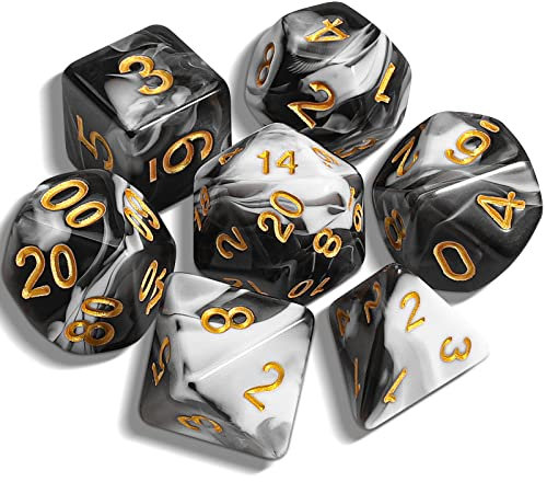 QMAY DND Dice Polyedrisches Würfel Set - 7 Stück für Dungeon und Dragons MTG RPG D&D D20, D12, D10, D%, D8, D6, D4 (Schwarz und weiß)