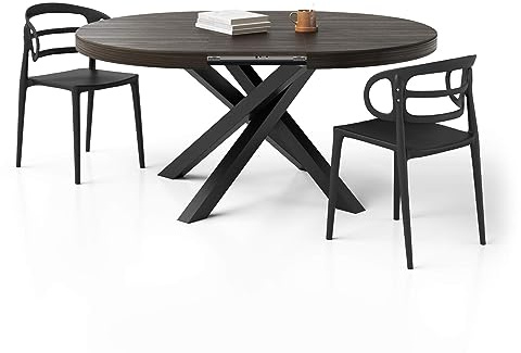 MOBILI FIVER, Table Ronde Extensible Emma, 120-160 cm, Noyer américain, avec Pieds Noirs croisés, pour 4-6 Personnes, Table Extensible pour Cuisine, Salon, Made in Italy