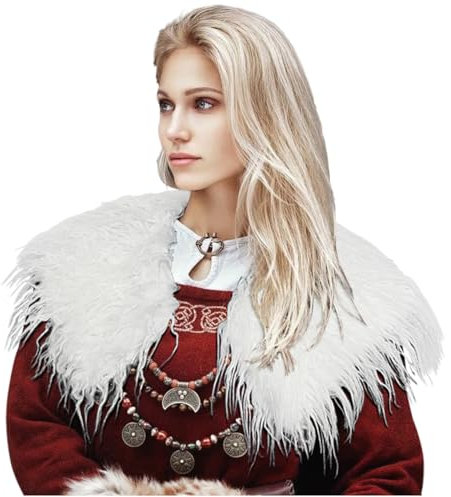 keland Damen Viking Kunstfell Kragen Künstlicher Pelzkragen Pelzschal Faux Kragen Schal Tuch Capelet Schultertuch (Weiß)