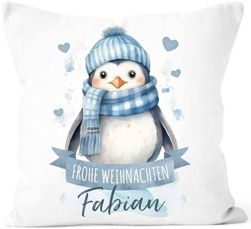 SpecialMe® Kissen-Bezug Weihnachten Tier-Motive personalisiert mit Namen Namenskissen Geschenk für Jungen und Mädchen Baby Pinguin weiß Standard
