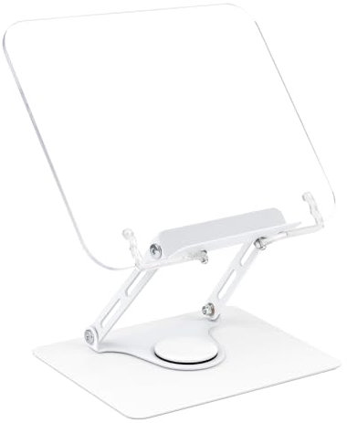 Acrylic Book Stand for Reading, 360° Adjustable Book Holder, Foldable Recipe Cook Book Stand for Kitchen, Book Display Stand with Elastic Page Clips for Laptop Magazine Document Music Sheet (Clear)