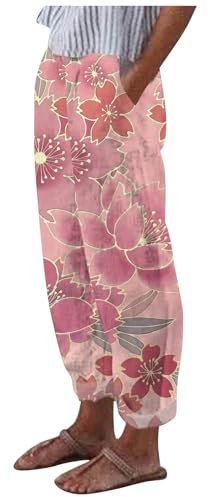 Sommerhose Damen Leicht 7/8 Leinenhose Sommer High Waist Hosen Elegant Stoffhose Frauen Linen Jogginghose Luftig Hose Mit Tunnelzug Taschen Lockere Baumwolle Boho Strandhose Pumphose (9-Hot Pink, M)