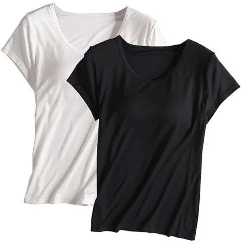 Keepink Lot de 2 t-shirts à soutien-gorge intégré pour femme - Haut rembourré à manches courtes - Pyjama doux - Chemises décontractées pour l'entraînement, le yoga, la gym, l'été - Coupe ample