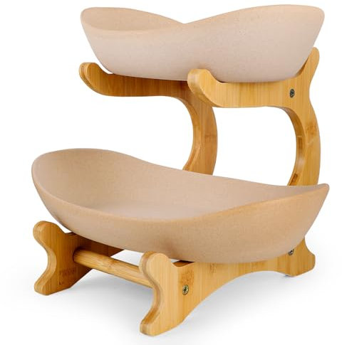 Xnqelerate Fruit Basket Stander, Ceramic Fruit Stand with 2 Levels, Fruit Basket Modern with Bamboo Stand, Removable Vegetable Basket Storage Cabinet, Fruit Storage, Kitchen Storage Basket for