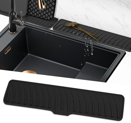 Volminex Alfombrilla para Fregadero Silicona, Alfombrilla de Grifo Estrecha, Antideslizante Protector Fregadero, Alfombrillas Escurreplatos para Proteger Encimera de Cocina y Baño (Negro, 42 cm)