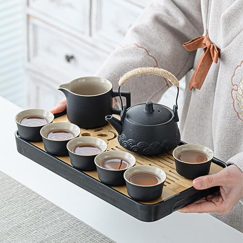 Japanisches Teeset Chinesische Teekanne Set, Gongfu Teeservice, 14 Stück tragbares schwarzes Keramik-Teekannenset mit 6 Teetassen&Tablett, Teekanne Mit Tasse traditionelles Teeservice aus Porzellan