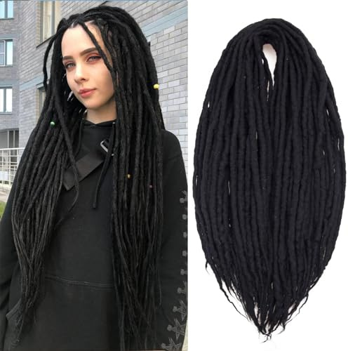 Black Wool Dreadlock Extensions - Handmade Black 22 Inches Double Ended Braid-in Dreads, 15 Strands Hippie Locs DE Ends Stylish Crochet Dreads Extensions