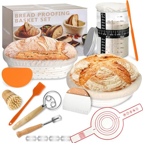 Kit complet de démarrage de pain au levain, fournitures de cuisson du pain, panier à pain baneton et pot de levain en verre, outils de fabrication de pain, kit de démarrage de pâte aigre, cadeaux pour