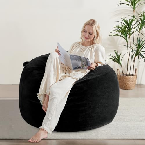 WSOFRLAC 3FT Bean Bag Chair, Comfy Bean Bag Chairs for Adults, Luxury Velvet Memory Foam Stuffed Beans Bags with Removable Cover, Adult Beanbag Chair with Filler for Living Room, Bedroom, Black