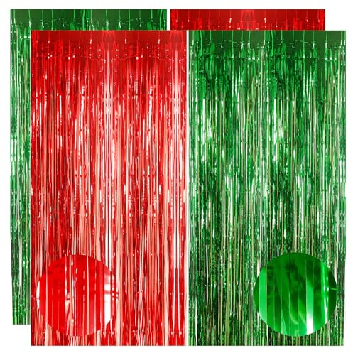 4pcs 3.2 x 8.3ft Glitter Xmas Red and Green Tinsel Curtain Christmas Foil Curtain Door Streamers Fringe Curtains Backdrop Xmas Party Decorations Backdrop Banner for Indoor Home School Office