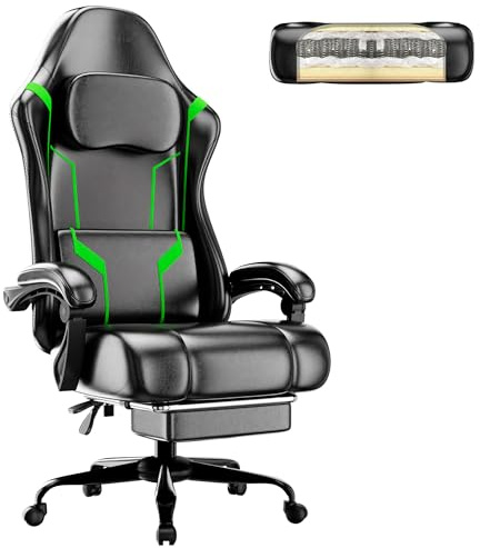 HOTOSYCH Sedia da Gaming Ergonomica con Molle Insacchettate e Poggiapiedi, Sedia Gamer con Supporto Lombare Regolabile, Sedie da Ufficio Schienale Regolabile 90-135°, Portata 150 Kg (Verde lime)