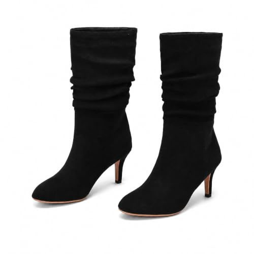 Voviggiw Women Suede Slouch Boots Kitten Heel Mid Calf Soft Fur Lining Pull on Heeled Slouchy Boot Black Size 40