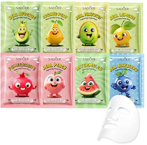 8 Pezzi Maschera viso, Maschera Viso Coreana Nutriente con Frutta ed Estratti Vegetali, Maschere Viso in Tessuto, per Azione Idratante, Detergente, Set Skin Care Ragazza Donne
