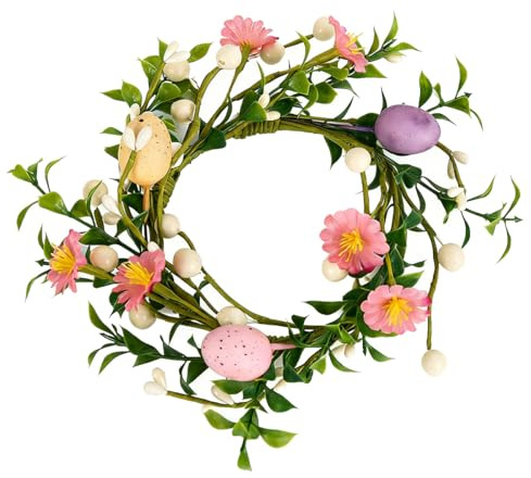 Easter Candle Wreath, 15cm Easter Wreath for Front Door, Wreath with Pastel Eggs, Decorating Rattan Circle Wreaths Ornaments, Table Centerpiece for Home and Restaurant Decor