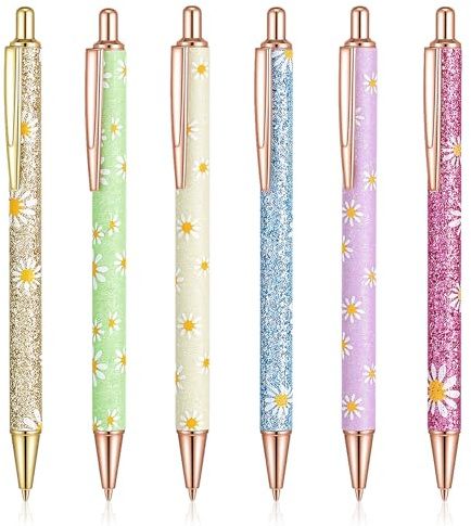 TIESOME Set med 6 estetiska kuglepennor 1 mm - Indragbara - Blommor - Gel - Med svart bläck - Snygga släta pennor för kollegor - Kontorspresent (färg B)