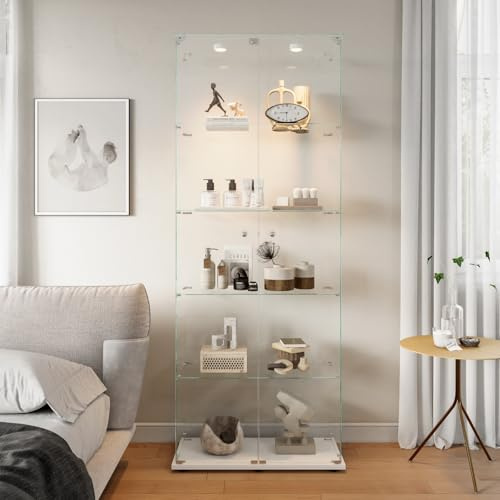 belupai Skyltfönster med 5 glashyllor, 78,5 x 34,5 x 186,5 cm, vitrin på glasstativ med LED och 2 dörrar, transparent modernt förvaringsskåp AVCE lås, samlarobjekt för böcker, vit
